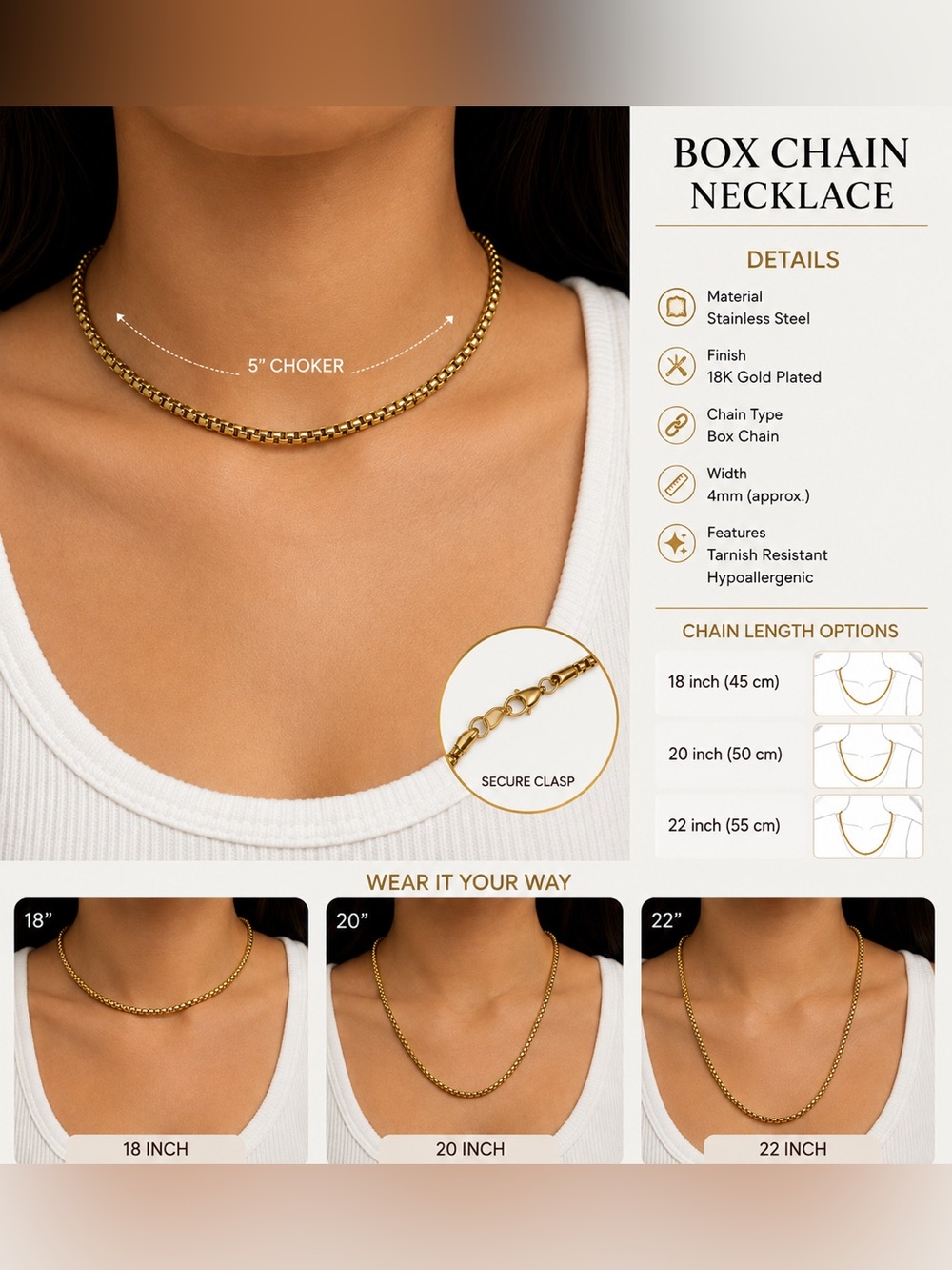 18K vintage Gold Plated Box Chain Necklace - Gold-Choker